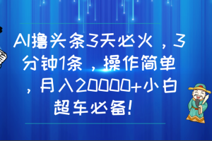 AI撸头条3天必火，3分钟1条，操作简单，月入20000+小白超车必备！