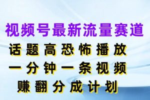 视频号最新流量赛道，话题高恐怖播放，一分钟一条视频赚翻分成计划