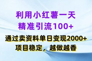 利用小红薯一天精准引流100+，通过卖资料单日变现2000+，项目稳定，越做越香