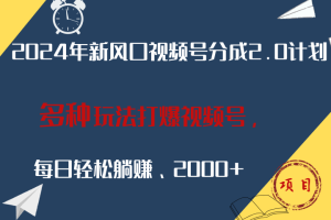 2024年新风口，视频号分成2.0计划，多种玩法打爆视频号，每日轻松躺赚2000+