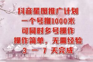 抖音星图推广项目，3-7天就能完成，每单1000元，可多号一起做