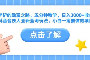 王铲铲的致富之路，五分钟教学，日入2000+收益，抖音合伙人全新蓝海玩法，小白一定要做的项目